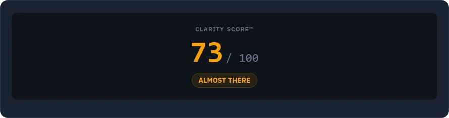 Crucible verdict for the Airbnb deck: Clarity Score 73 out of 100, marked ALMOST THERE in amber.
