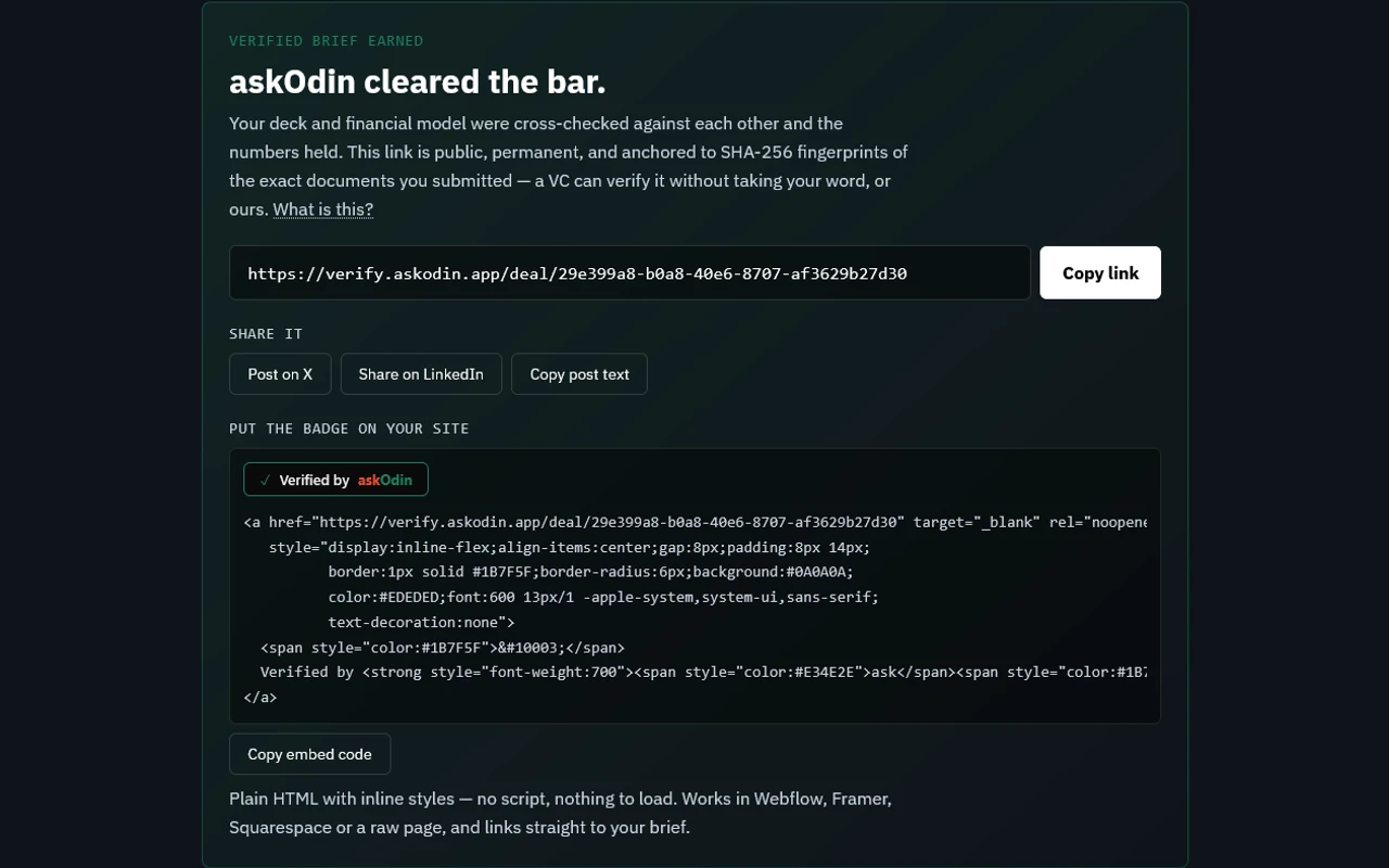 The Crucible Verified Brief screen. A public verify.askodin.app deal link with a copy button, share options, and a plain-HTML embed snippet for a Verified by askOdin badge.