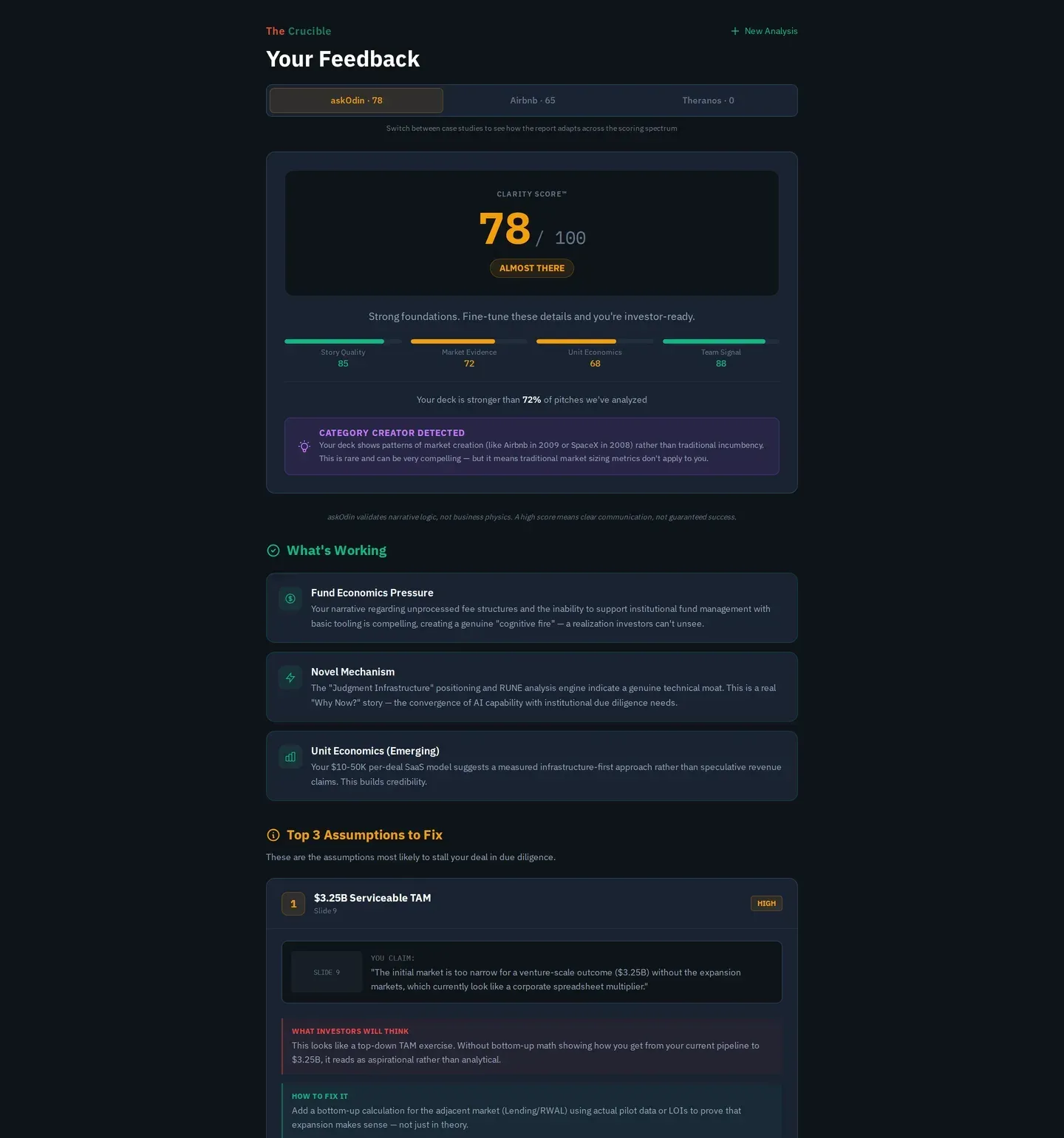 Crucible forensic report showing Clarity Score, risk dimensions, and brittle assumptions