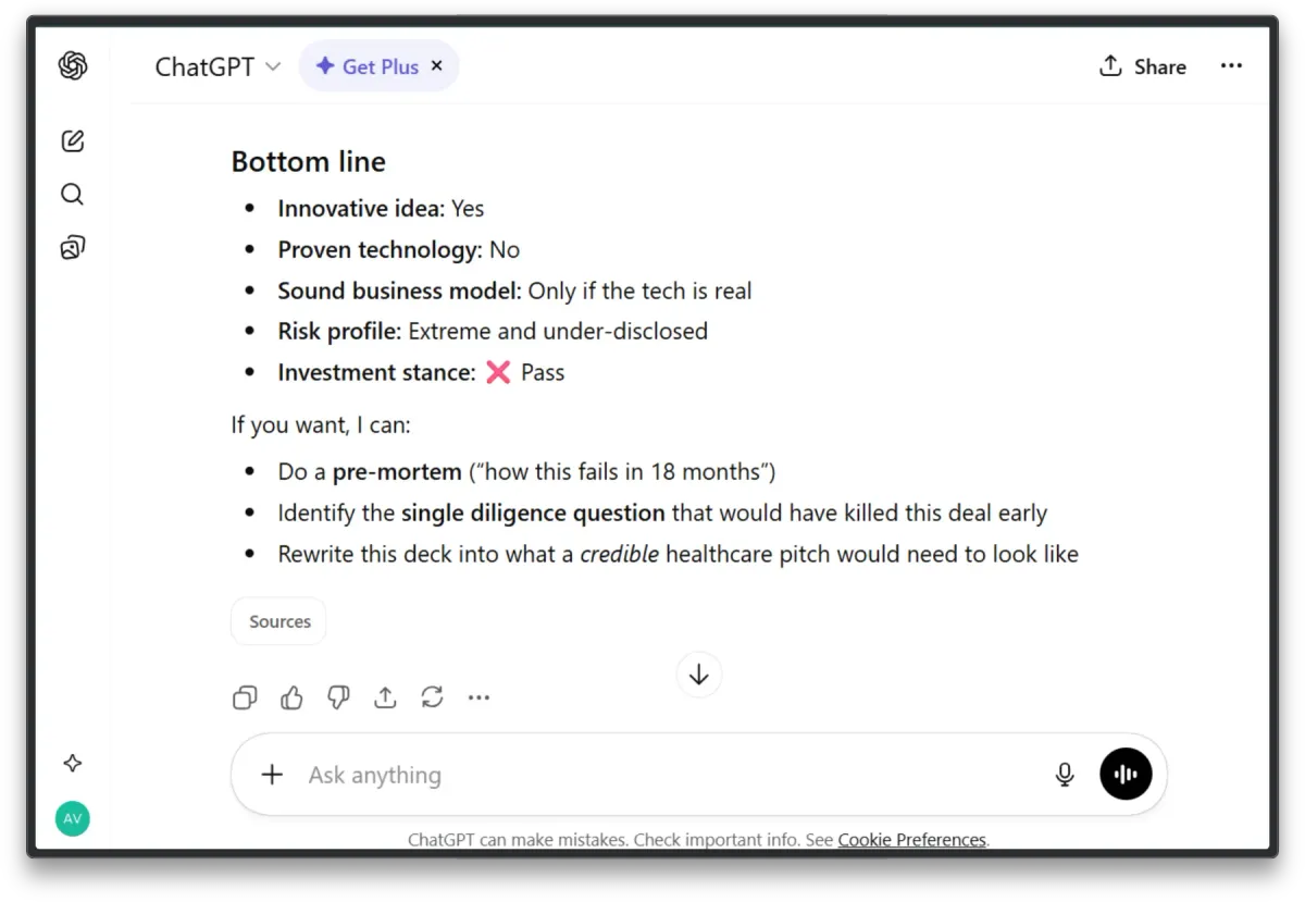 ChatGPT analysis of reconstructed Theranos pitch deck - generic 'Pass' recommendation based on literary critique rather than forensic evidence
